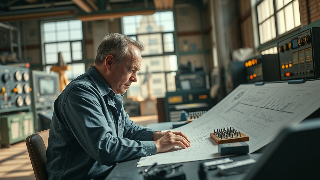 Seymour Cray supercomputer engineer at drafting table with blueprints and circuit boards, retro technology lab