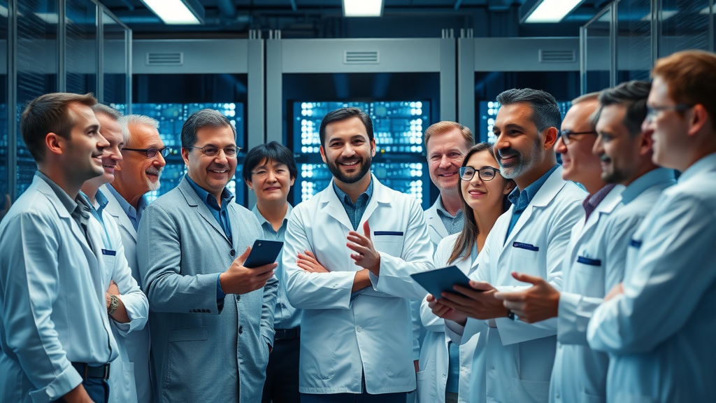 Engineers honoring Seymour Cray around a modern supercomputer in a data center—his influence endures