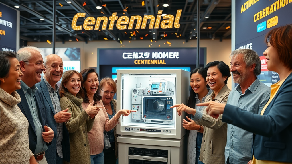 Multigenerational group celebrates Seymour Cray’s 100th birthday at a technology museum with Cray supercomputer replica