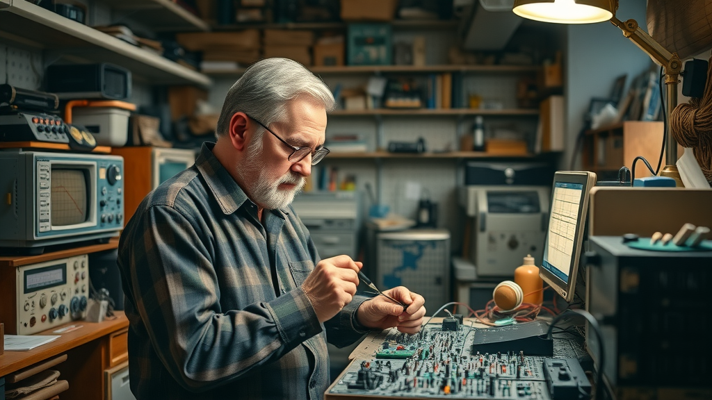 Seymour Cray assembling electronics in a 1970s basement—legendary inventor at work